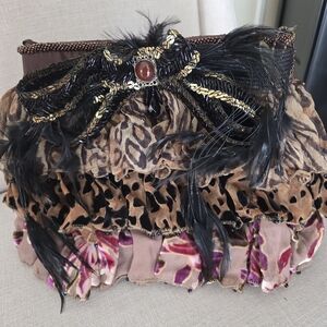 Mary Frances Collectors Clutch Elegant Leapord Ruffle, Black Feathered.